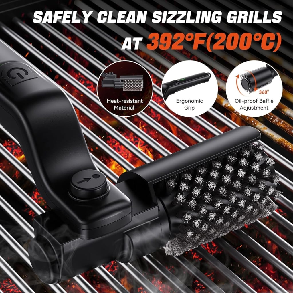 GrateGenie Electric Grill Brush 8-Angle Adjustable Head with 400 RPM 3-Speed Motor