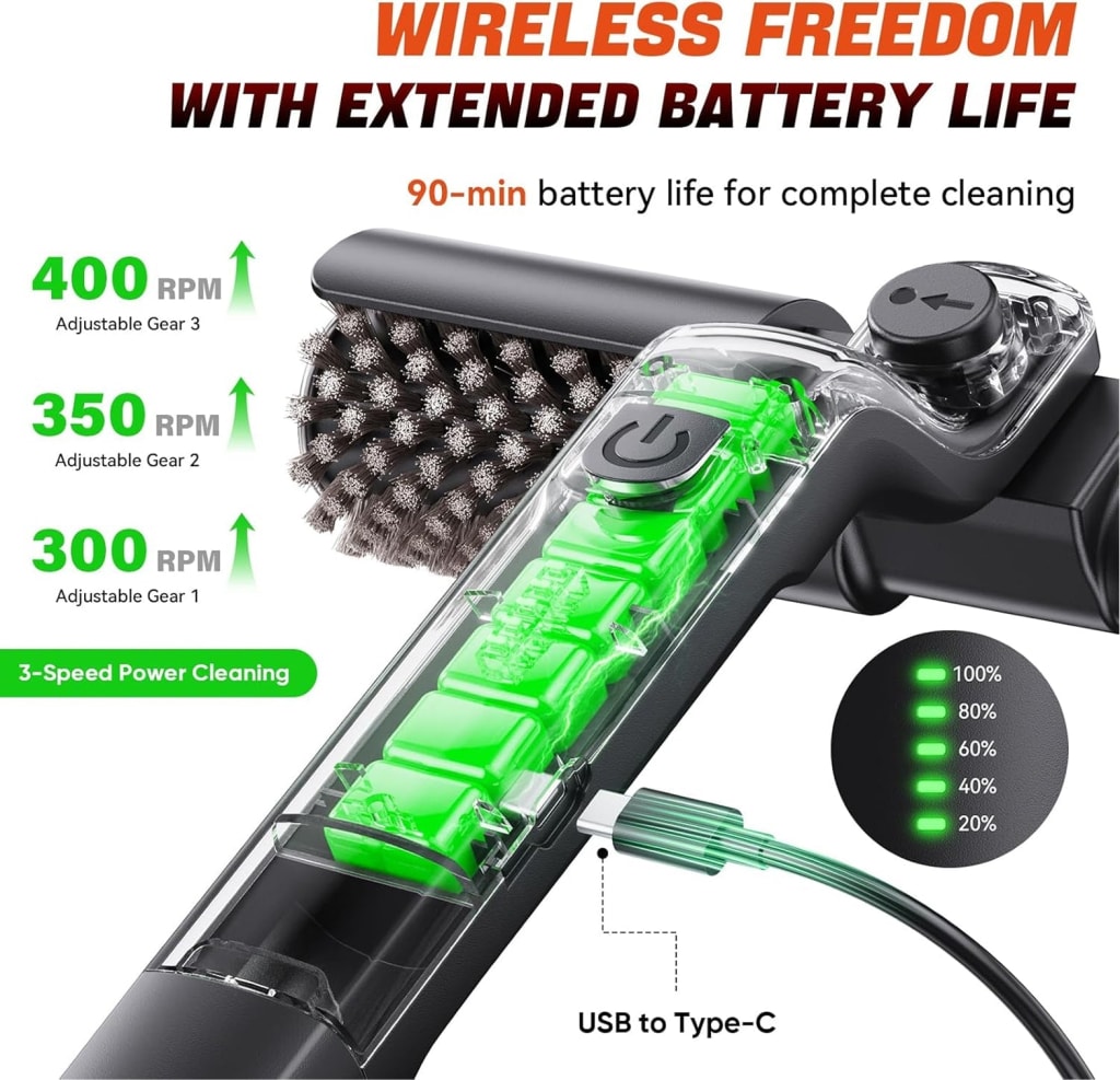 GrateGenie Electric Grill Brush 8-Angle Adjustable Head with 400 RPM 3-Speed Motor
