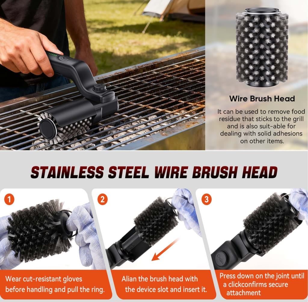 GrateGenie Electric Grill Brush 8-Angle Adjustable Head with 400 RPM 3-Speed Motor